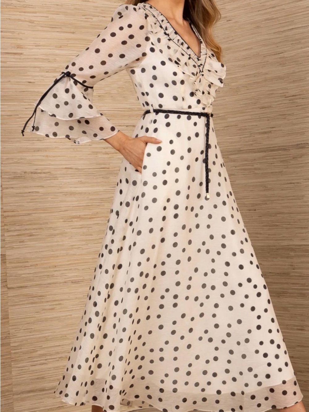 HALE BOB Aiyana Organza Maxi Dress Cream Polka Dot Ruffle with Black Trim Size S